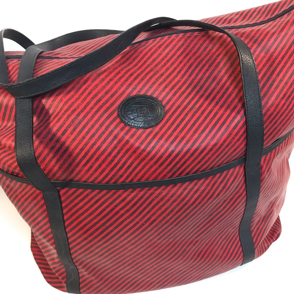 Vintage Gucci Travel Bag Red & Navy Striped Leather Logo Weekender Duffel Large